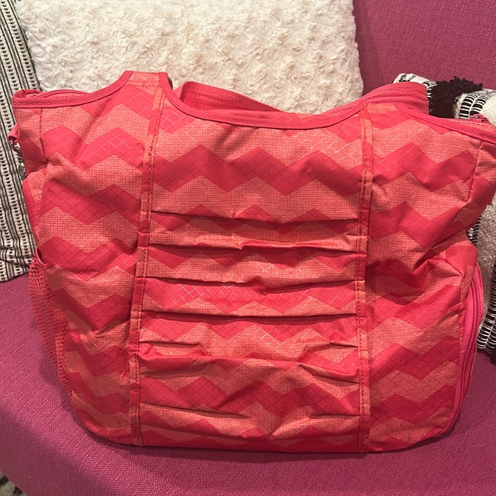 Pink chevron Thirty One brand overnight bag